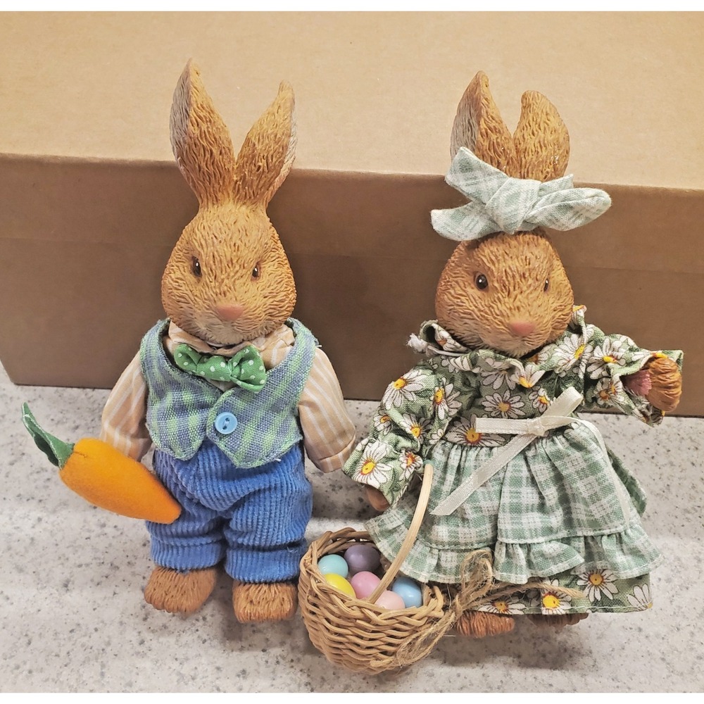 Easter Bunny Figurine Set 2pc Resin Rabbits Fabric Clothes Floral Blue Green